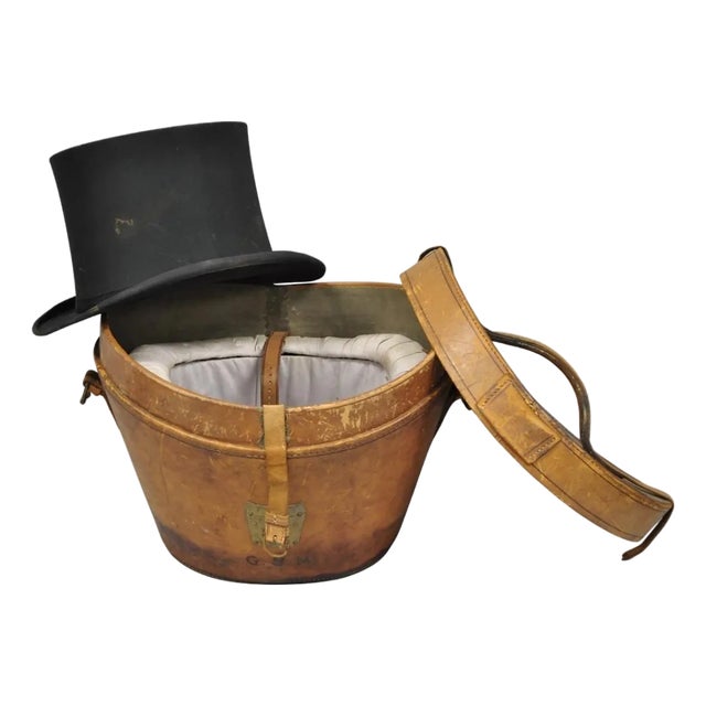 Antique Victorian Brown Leather Travel Case Hat Box W/ Miller of Ny Silk Top Hat For Sale