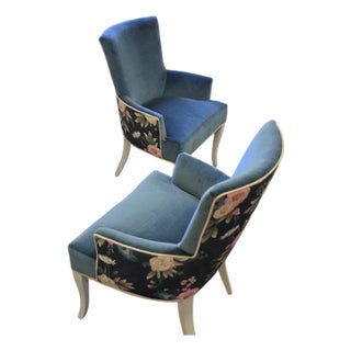 Twin Blue Velvet Floral/Peacock Accent Chairs For Sale