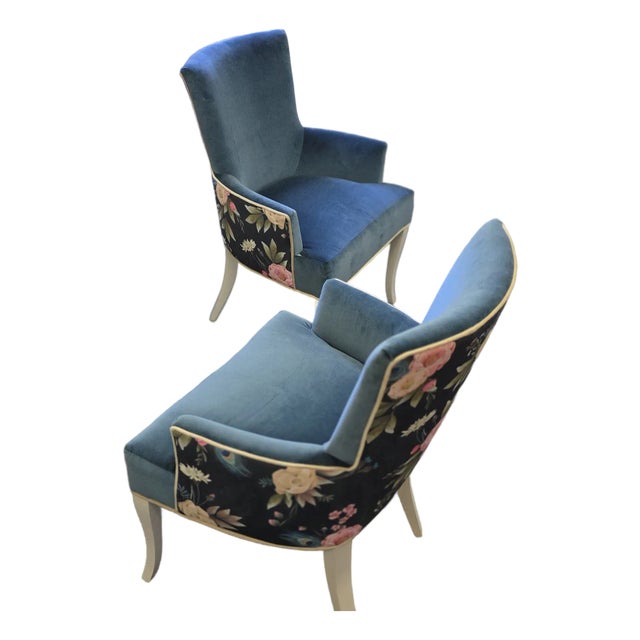 Twin Blue Velvet Floral/Peacock Accent Chairs For Sale