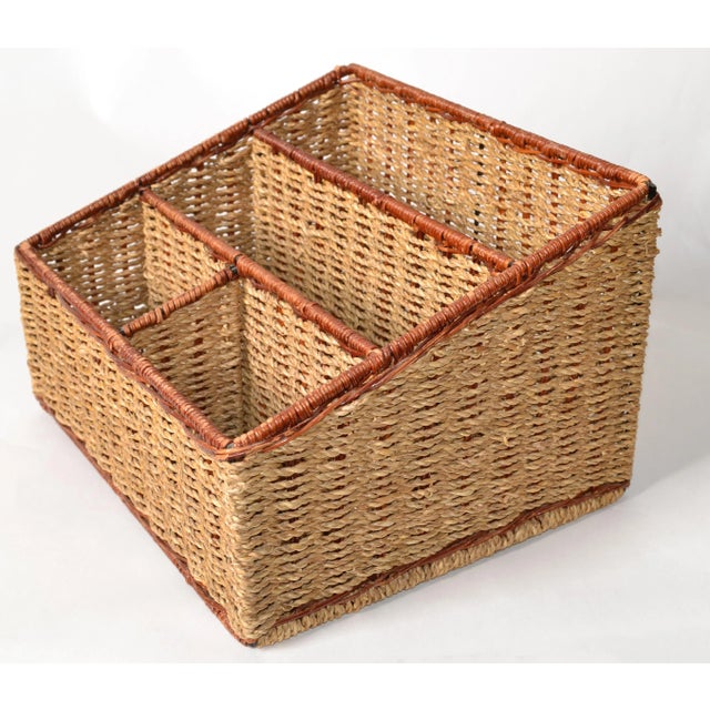 Mediterranean Vintage Natural Fiber Handwoven Seagrass Jute Office Accessories Desk Organizer Basket For Sale - Image 3 of 12