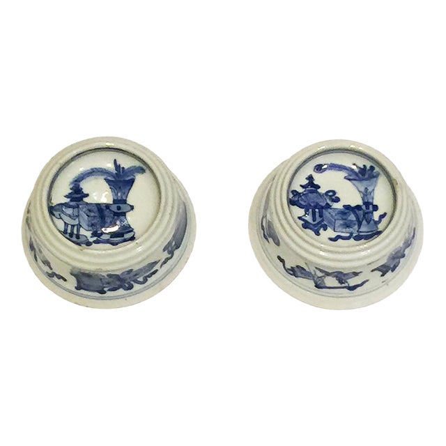 Chinese Blue & White Porcelain Salt Cellars by Kangxi, Set of 2 For Sale