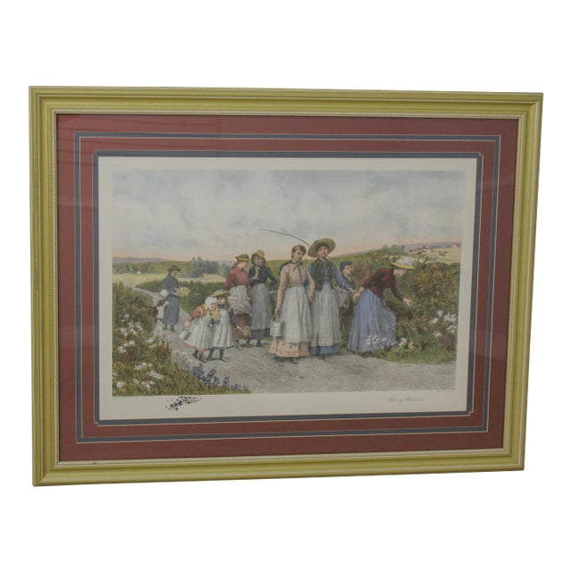 Large Colored Engraving Print of Woman in Field For Sale