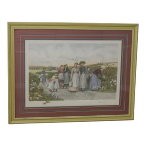 Large Colored Engraving Print of Woman in Field