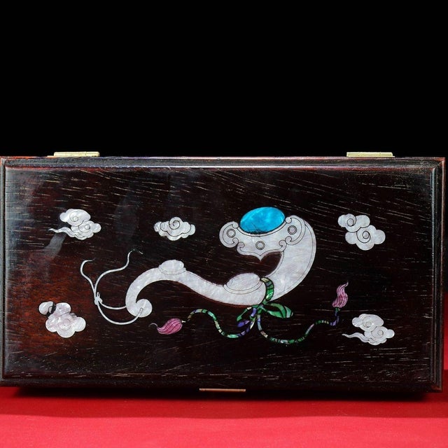 Chinese Vintage Chinese Rosewood Jewelry Box With Mother of Pearl Inlay & Ruyi Motif For Sale - Image 3 of 9
