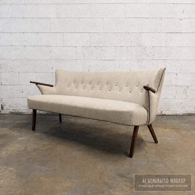 Vintage Danish Wingback Sofa With Teak Arms in the Manner of Kurt Olsen, Reupholstery Included For Sale - Image 12 of 13