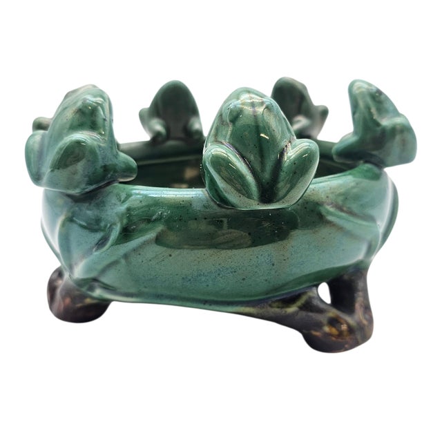 Green Vintage Majolica-Style Frog Lily Pad Planter Bowl, 7" Diameter For Sale - Image 8 of 10
