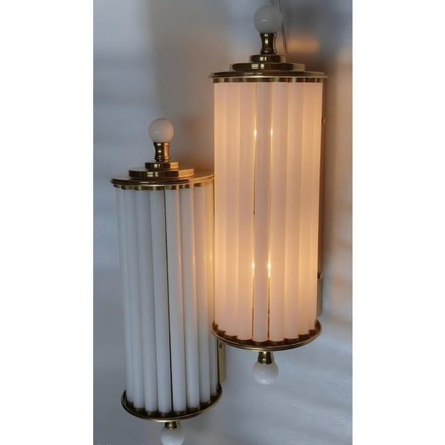 Pair Skyscraper Vintage Art deco light Old Lamp Wall Sconces Fixture Brass & Milk Glass Rod Ship Light Excellent Working...