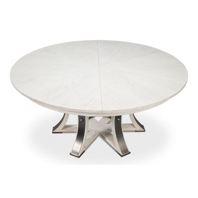Transitional Round Dining Table, Large - White Oak With Hammered Iron Base For Sale In Raleigh - Image 6 of 11
