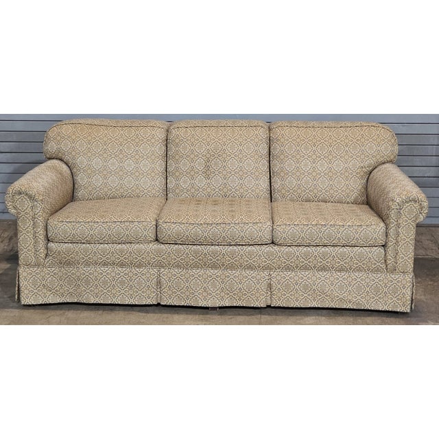 Traditional Late 20th Century Baker Furniture Rolled Arm Sofa Three Cushions Skirted Base Blue and Gold Fabric For Sale - Image 3 of 9