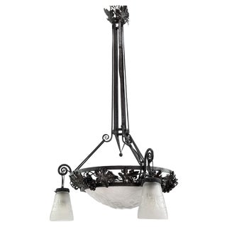 Art Deco Wrought Iron Ceiling Lamp from Muller Freres, Luneville, 1930s For Sale