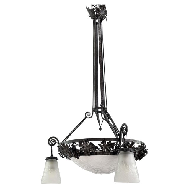 Art Deco Wrought Iron Ceiling Lamp from Muller Freres, Luneville, 1930s For Sale