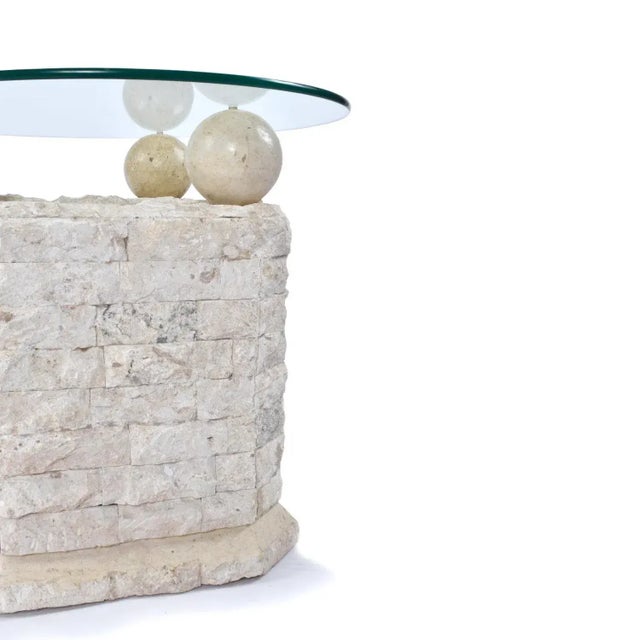 Pair of Tessellated Mactan Stone Side Tables With New Round Glass Tops For Sale - Image 9 of 13