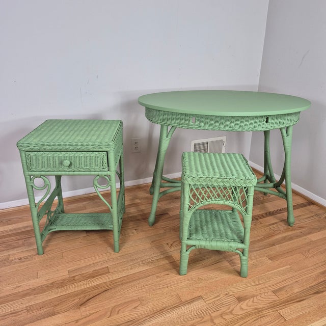 Early 20th Century Celery Green Painted Wicker Oval Sofa Console Table Desk Vanity For Sale - Image 11 of 11