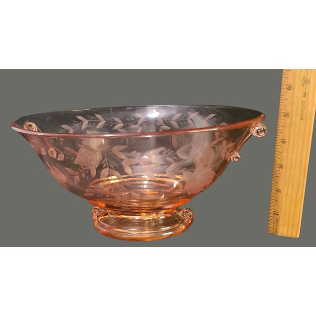 Glass Vintage Deco Depression Glass Imperial Pink Cut Floral Oval Footed Center Bowl For Sale - Image 7 of 9