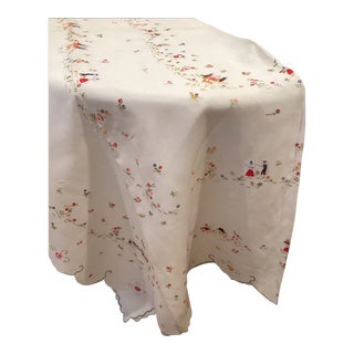 Hand-Embroidered European Linen Tablecloth W/10 Napkins For Sale