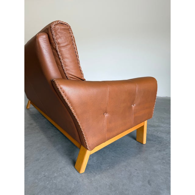 Brown Mid Century Caramel Leather and Beech Sofa With Baseball Glove Stitching For Sale - Image 8 of 9