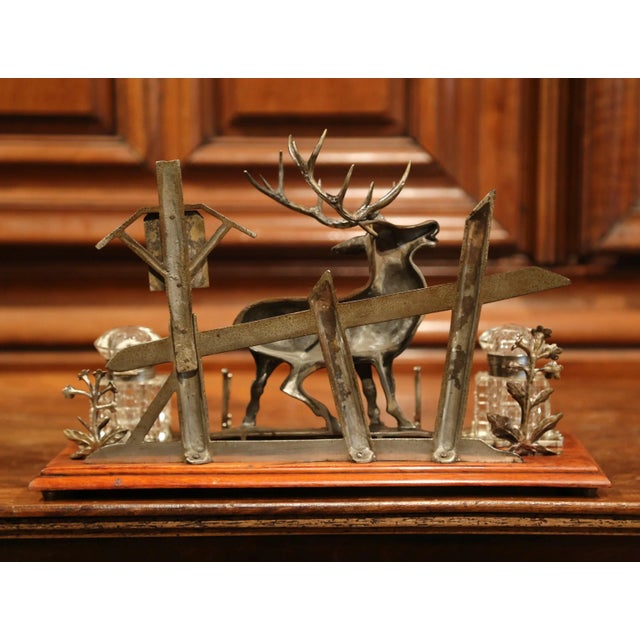 Mid 20th Century French Spelter and Cut Glass Inkwell With Deer Sculpture For Sale - Image 9 of 10