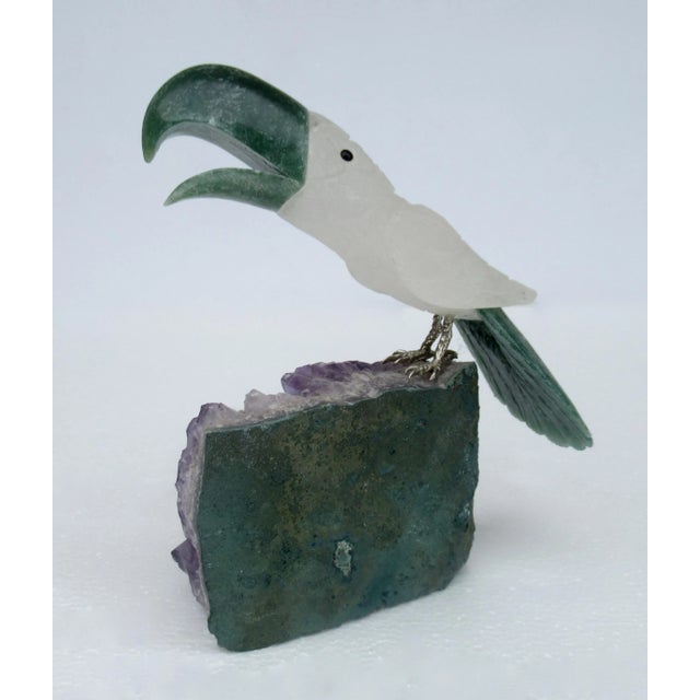 Metal Vintage C.1990's Geode Amethyst Purple Crystal Speciman With Mounted Precious Stone Carved Bird For Sale - Image 7 of 13