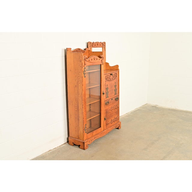 Herter Brothers Antique Victorian Oak Side-by-Side Bookcase With Drop Front Secretary Desk, Circa 1900 For Sale - Image 4 of 14