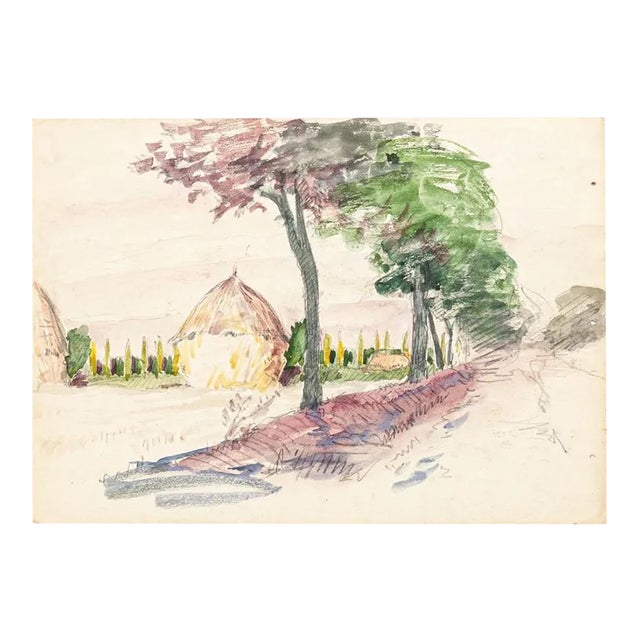 Countryside - Original Watercolor on Paper by Jean Raymond Delpech - 20 Century 20th Century For Sale