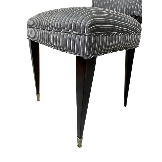 Set of 6 French Mid-Century Ebonized Dining Chairs With Brass Sabots & Striped Upholstery For Sale - Image 11 of 13