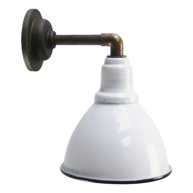 Vintage Industrial Cast Iron, Brass, and White Enamel Sconces For Sale