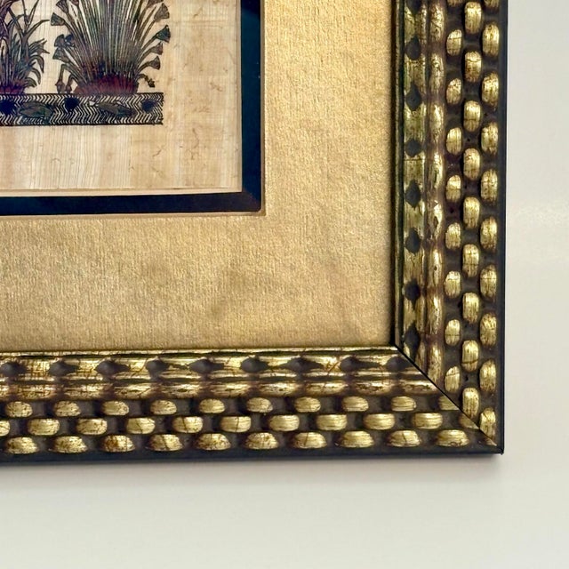 Vintage Signed Egyptian Papyrus Nile Hunting Scene in Textured Gold Frame For Sale In Miami - Image 6 of 13