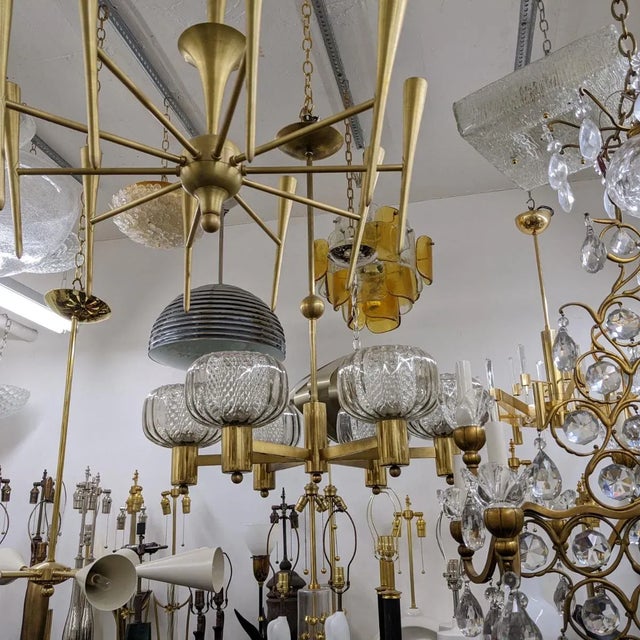 Mid-Century Modern Brass and Smoke Glass German Chandelier For Sale - Image 3 of 8