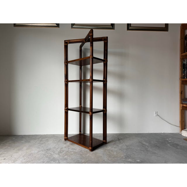 1970s Hollywood Regency Walnut & Rattan Four-Tier Étagère Shelf For Sale - Image 11 of 12