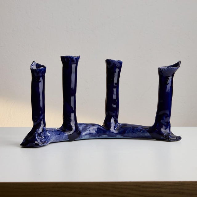 Indigo Blue Ceramic Candleholder Set, Set of 2 For Sale - Image 4 of 15