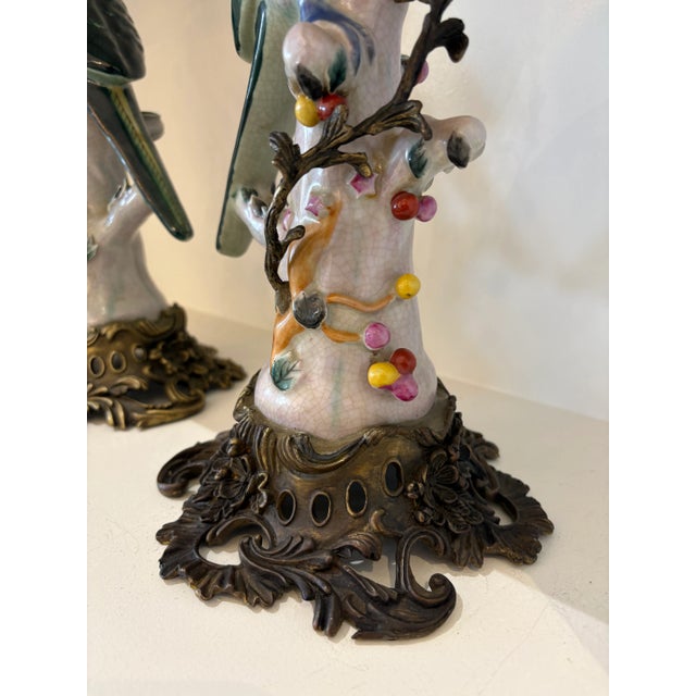 Late 20th Century Late 20th Century Bronze and Porcelain Parrot Candlesticks - a Pair For Sale - Image 5 of 5