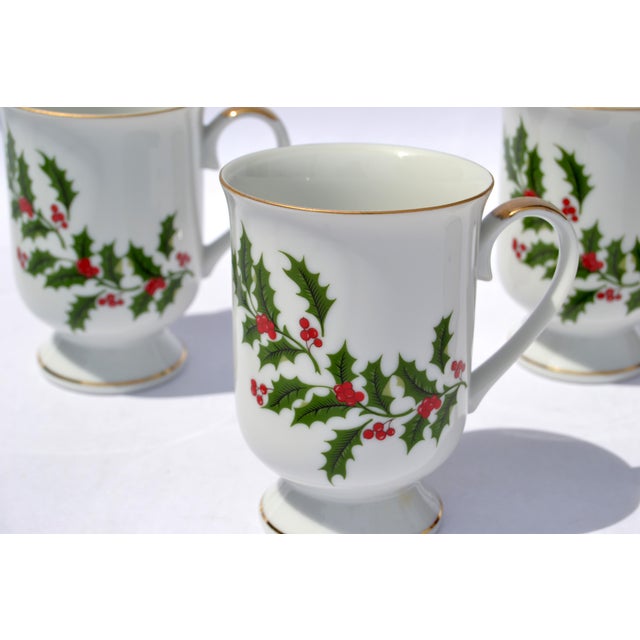 Antique White Set 4 Japan Porcelain & Gold Trim Footed Mug Christmas Holly by All the Trimmings For Sale - Image 8 of 16
