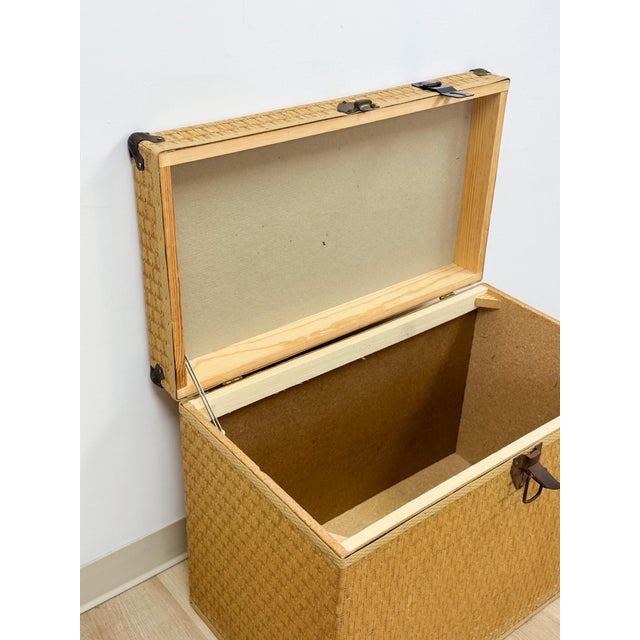 Vintage Blonde Woven Wicker Chest, Brass Clamp Hardware Storage, Coastal Trunk For Sale - Image 13 of 14
