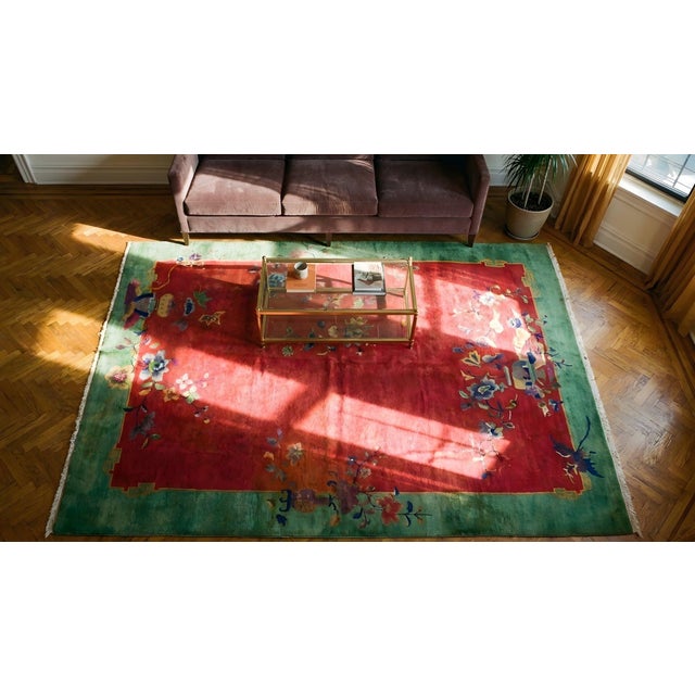 Textile 1920s Red Floral Antique Chinese Art Deco Rug by Nichols Workshop 6' X 8'9" Handknotted Wool Carpet For Sale - Image 7 of 9