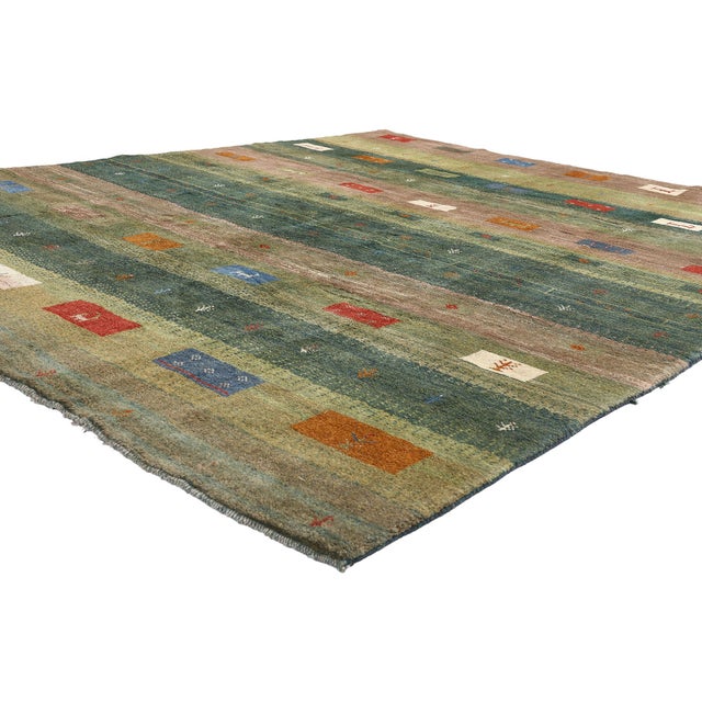 61505 Vintage Persian Gabbeh Rug, 07'07 x 09'03. A Woodland Reverie: Vintage Persian Gabbeh of Verdant Harmony & Artisanal...