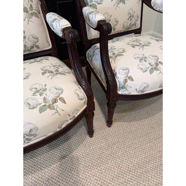 Vintage Louis XVI French Neoclassical Arm Chairs Newly Upholstered in Bowood Union For Sale - Image 4 of 9
