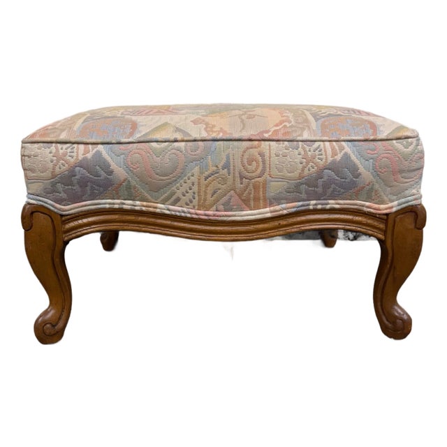 Vintage French Louis XV French Country Carved Upholstered Ottoman For Sale