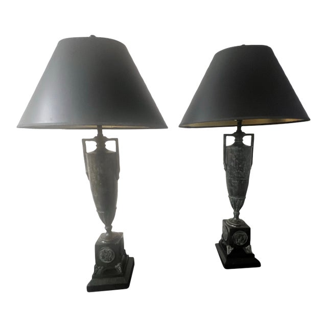 Pair of Green Bronze Urn Lamps With Patinated Finish. For Sale