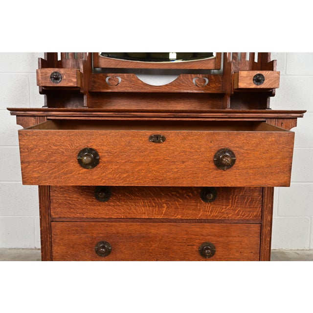 Wood Liberty & Co. Antique English Mission Oak Arts & Crafts Vanity Dresser With Mirror, Circa 1900 For Sale - Image 7 of 15
