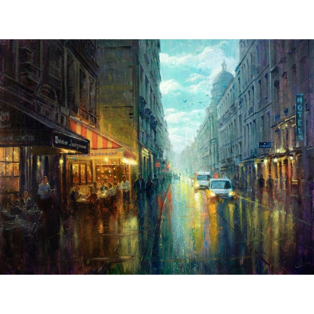 Early 21st Century Paris Rainy Cafe by Christopher Clark | Oil and Acrylic on Wood Panel City street scene in rain For Sale - Image 5 of 5