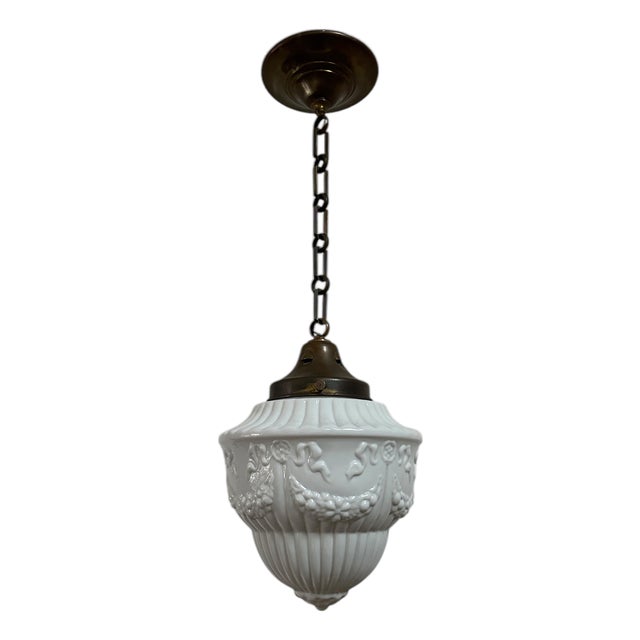 French Opaline Milk Glass Pendant with Chain and Ceiling Rose, 1930s For Sale
