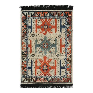 Rug & Kilim’s Tribal Custom Rug Sample With Orange and Blue Geometric Patterns For Sale