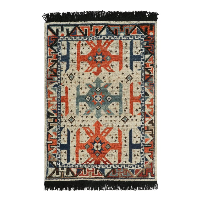 Rug & Kilim’s Tribal Custom Rug Sample With Orange and Blue Geometric Patterns For Sale