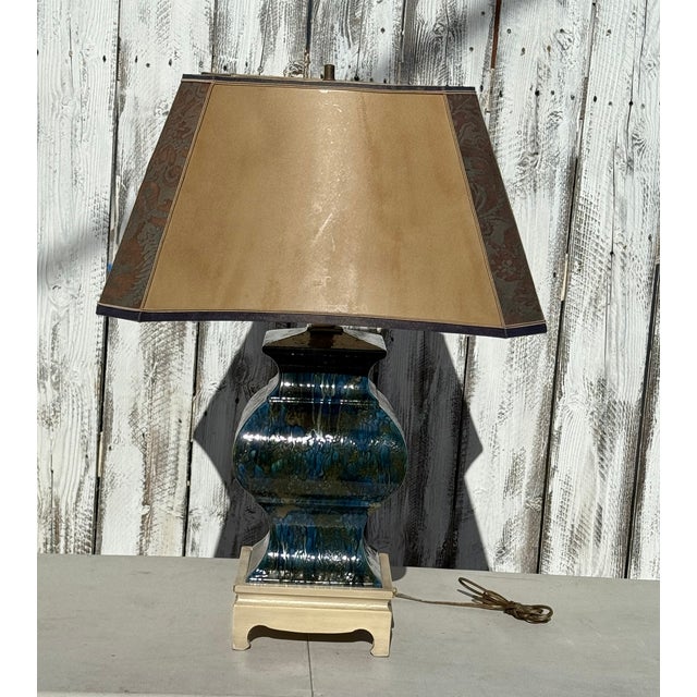 1940s Monumental Square Hollywood Regency Blue Multicolor Large Lamp Style After Fortuny & Parchment Shade For Sale - Image 15 of 18