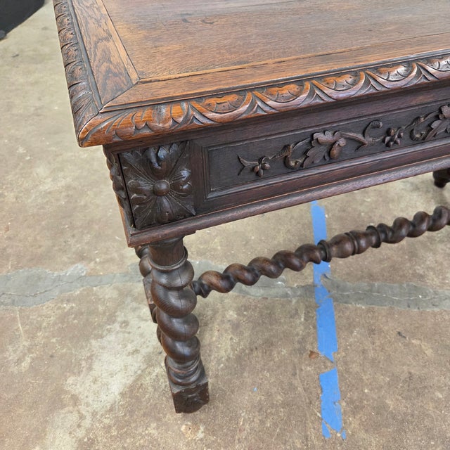 Mid 19th Century Jacobean Carved Oak Barley Twist H-Stretcher and Leg Writing Table For Sale - Image 17 of 18