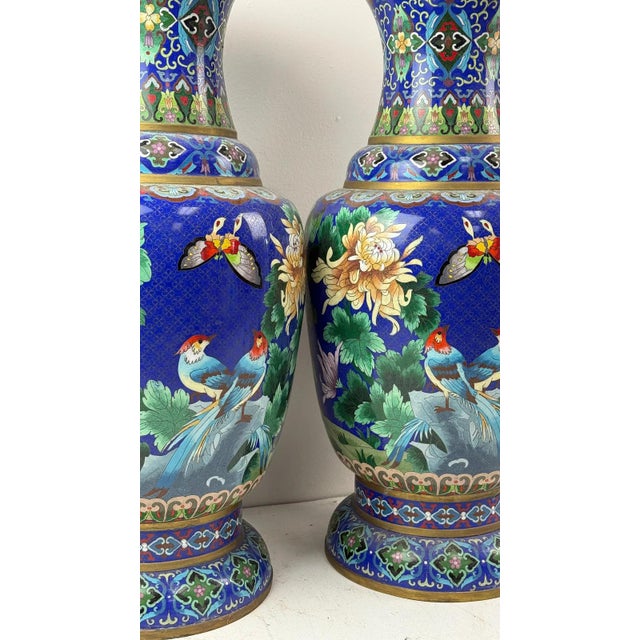 Pair of Chinese Cloisonne Enamel Vases Gold Floral Scrolls For Sale - Image 13 of 13