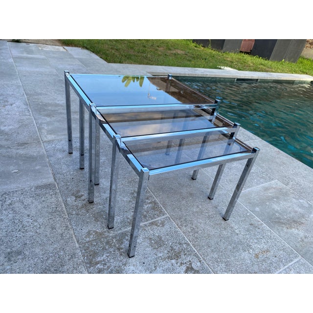 Vintage Chrome and Glass Nesting Tables, 1970, Set of 3 For Sale - Image 17 of 18