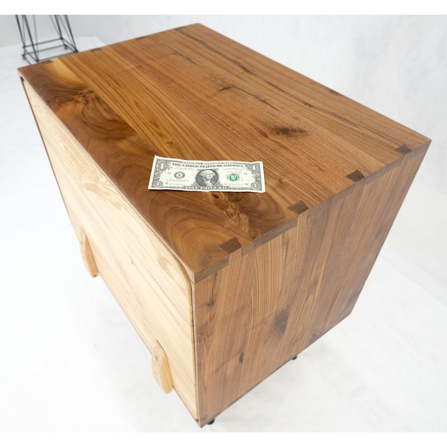 Tan Solid Oak & Walnut Tapered Brass Leg Dovetailed Design Drop Front End Side Table For Sale - Image 8 of 9