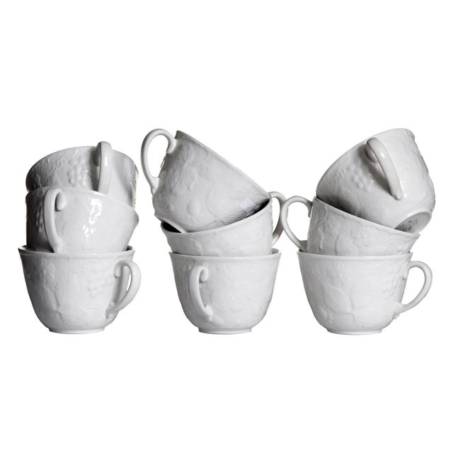 Burgess & Leigh English Ironstone teacups & saucers in the Davenport pattern with embossed strawberry and grape leaf...