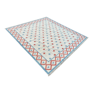 Handmade Cotton Vegetable Dyed Rug, Star Geometric White, Sky Blue and Terracotta Dhurrie - 6'x9'